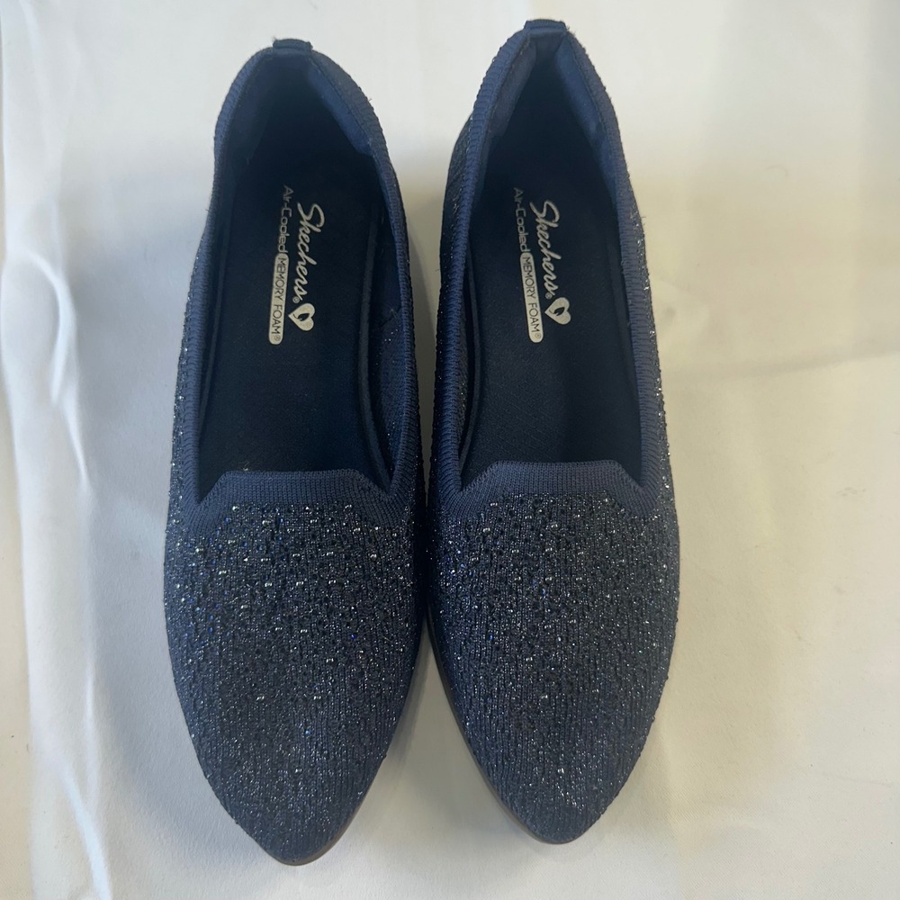 Skechers Cleo 2.0 Love Spell Navy Blue Shimmer Knit Pointed Toe Flats Shoes